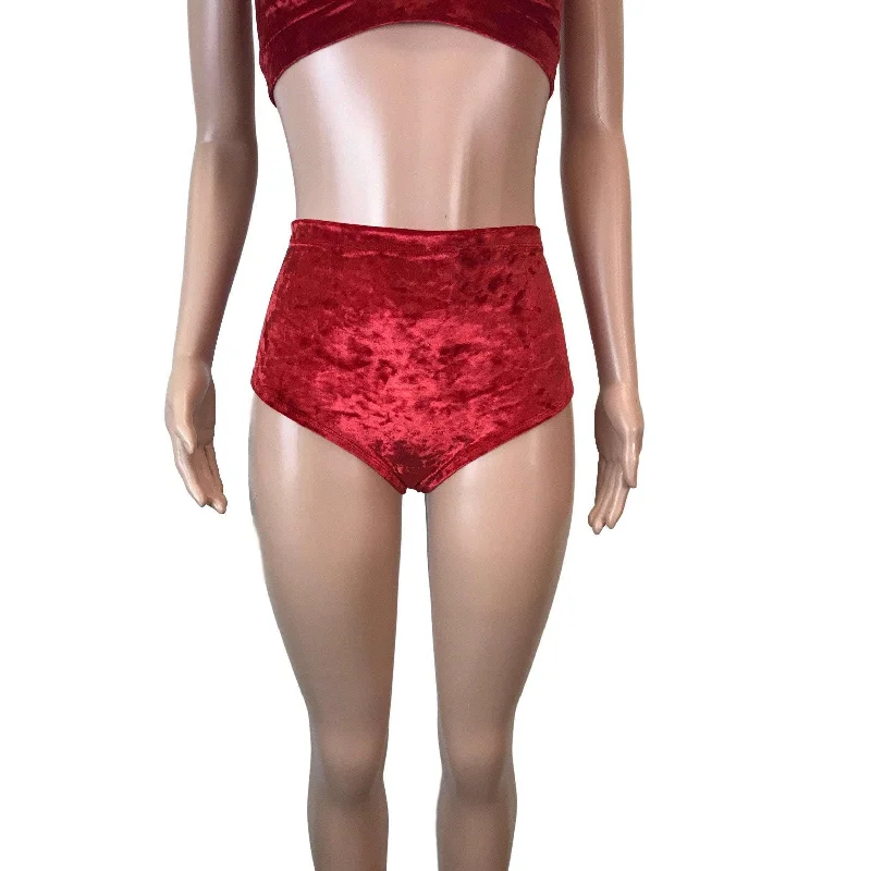 High Waist Hot Pants - Red Crushed Velvet Casual Track Pants