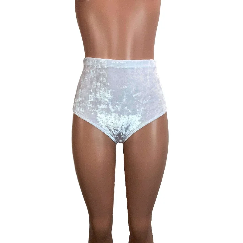 High Waist Hot Pants - White Crushed Velvet Trendy Work Pants
