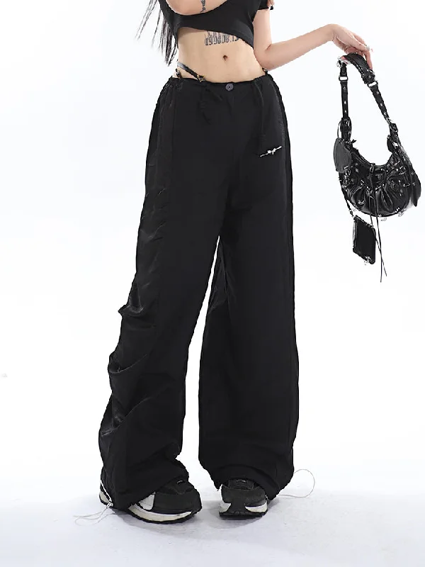 Galia Solid Color Butterfly Silver Metal Buckle Drawstring Wide Straight Leg High Waist Pants Comfortable Denim Trousers Galia Solid Color Butterfly Silver Metal Buckle Drawstring Wide Straight Leg High Waist Pants Comfortable Denim Trousers