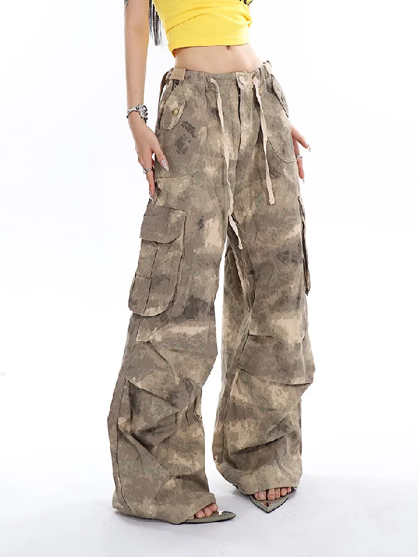 Lexis Brown Green Acid Wash Vintage Camouflage High Waist Straight Wide Leg Multi-Pocket Cargo Pleated Pants Casual Skinny Fit Pants Lexis Brown Green Acid Wash Vintage Camouflage High Waist Straight Wide Leg Multi-Pocket Cargo Pleated Pants Casual Skinny Fit Pants