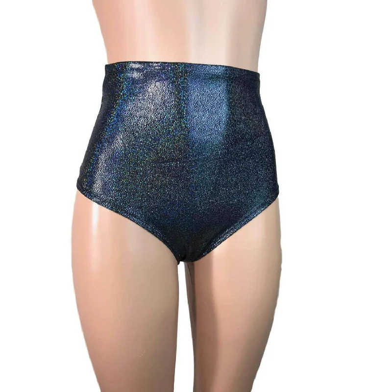 High Waist Hot Pants - Black Holographic Soft Stretch Trousers