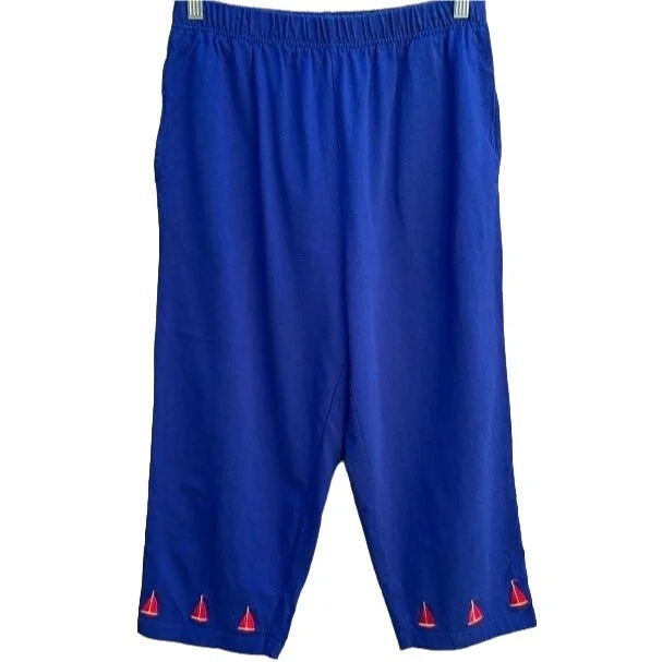 The Quacker Factory Vintage Embroidered Sailing Boat Women's High Waist Pants Wide-Legged Palazzos