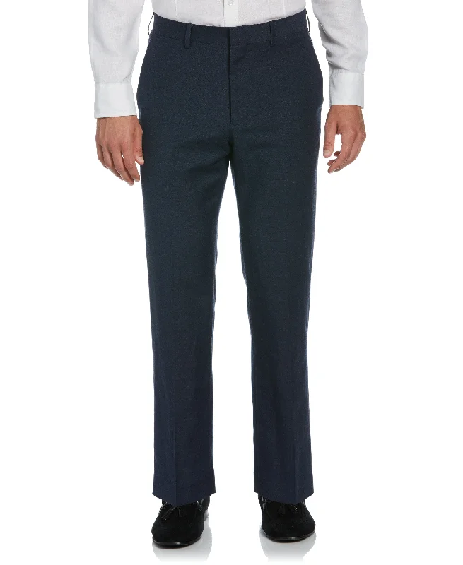 Linen-Blend Flat Front Pants - Navy Blue Stretch Fit Pants