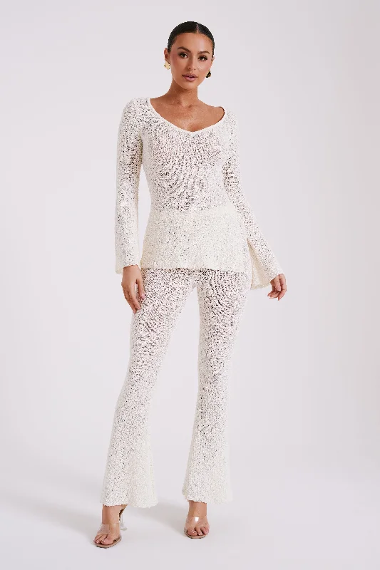 Irma Flared Boucle Pants - Cream Casual Plaid Pants