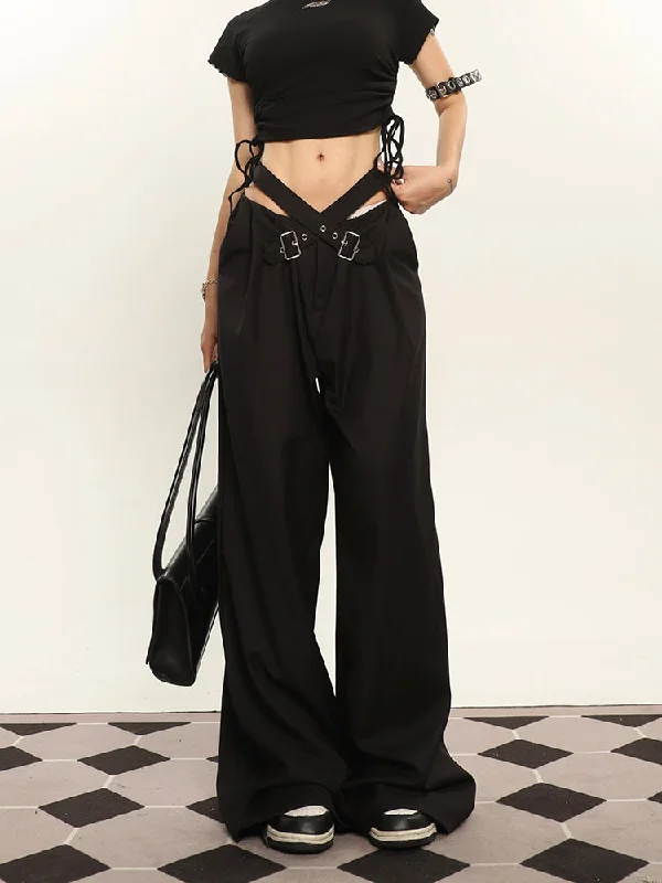Lena Solid Color Brown Cross Belt Wide Leg High Waist Suit Pants Classic Bootcut Trousers Lena Solid Color Brown Cross Belt Wide Leg High Waist Suit Pants Classic Bootcut Trousers