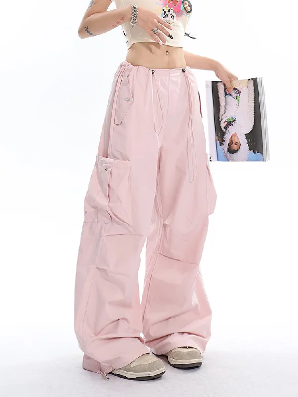 Vincent Solid Color High Waist Multi-Pocket Drawstring Straight Leg Baggy Parachute Cargo Pants Trendy Tapered Pants Vincent Solid Color High Waist Multi-Pocket Drawstring Straight Leg Baggy Parachute Cargo Pants Trendy Tapered Pants