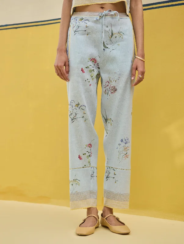 Ema Watercolour Floral Linen Pant - Sky Trendy Printed Leggings