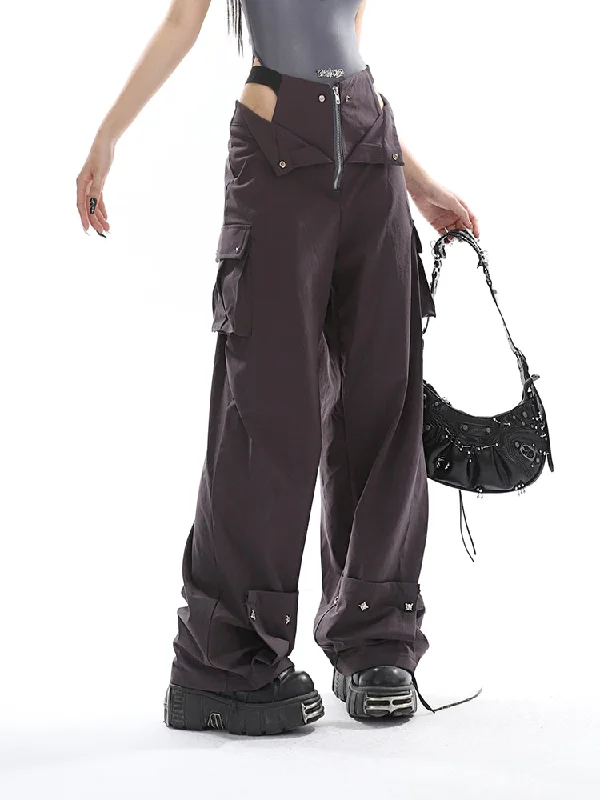 Lenny Solid Color Deconstructed Design Openwork Zipper Cargo High Waist Straight Leg Pants Comfy High-Waist Jeans Lenny Solid Color Deconstructed Design Openwork Zipper Cargo High Waist Straight Leg Pants Comfy High-Waist Jeans