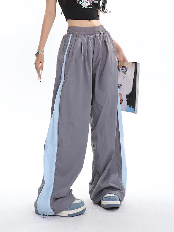 Viola Solid Color Side Stripe High Waist Baggy Straight Leg Parachute Pants Soft Sweatpants Style Viola Solid Color Side Stripe High Waist Baggy Straight Leg Parachute Pants Soft Sweatpants Style