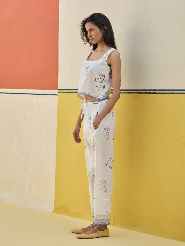Ema Watercolour Floral Linen Pant - Ivory Soft Sweatpants Style