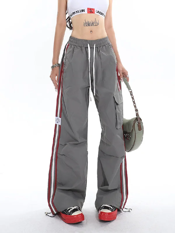 Polly Solid Color White & Red Side Striped Retro High Waist Straight Leg Baggy Cargo Pants Comfortable Maternity Pants Polly Solid Color White & Red Side Striped Retro High Waist Straight Leg Baggy Cargo Pants Comfortable Maternity Pants