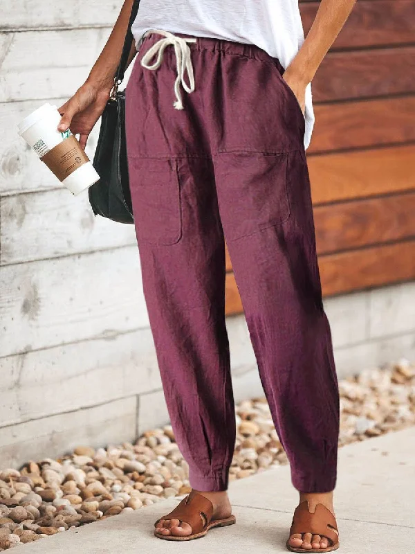 Casual Cotton Loose Elastic Waist Plain Harem Pants Classic Straight Pants
