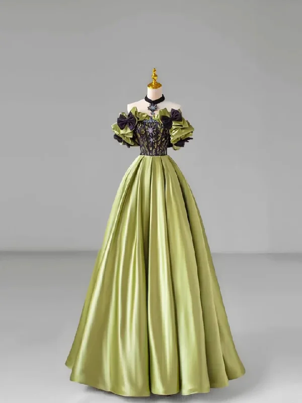 Vintage Off The Shoulder Ball Gown Green Satin Lace Bow Prom Dress  cc2067