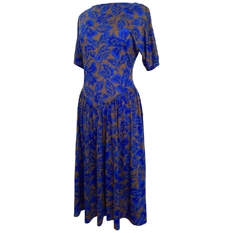 Cobalt blue and taupe floral vintage 1980s jersey day dress