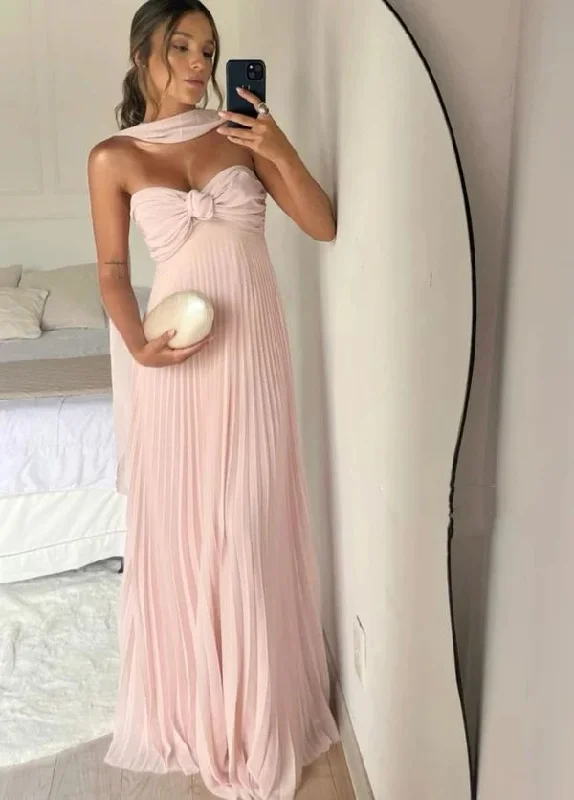 Cute Pink Chiffon Strapless A Line Long Prom Dress Pleated Party Gown cc1999