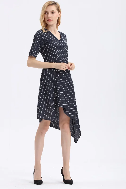 Stripes Sleeved V Neck Dress