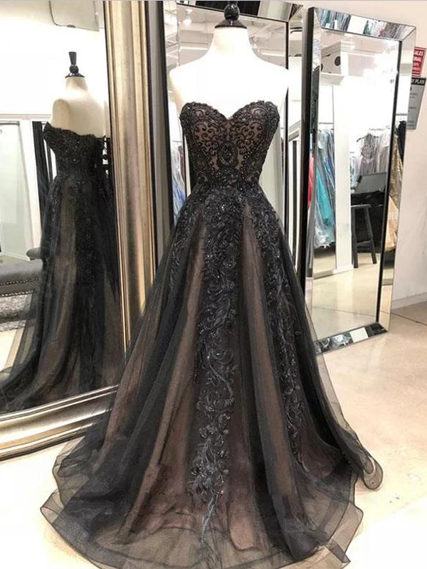 Pretty Sweetheart Lace Applique A Line Tulle Sweep Trailing Long Prom Dresses, MD400