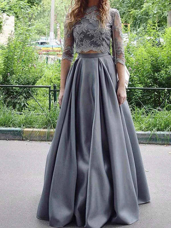 Elegant Grey Two Pieces Lace Top Half Sleeves Floor Length Evening Prom Dresses, SW0028 Elegant Grey Two Pieces Lace Top Half Sleeves Floor Length Evening Prom Dresses, SW0028