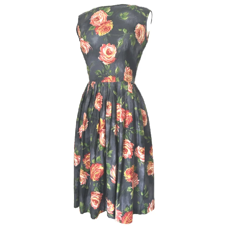 Charcoal grey vintage 1950s cotton day dress with orange and pink rose print