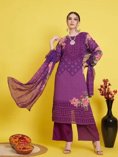 [ Ready SG Stock ] Purple Bandhani Printed Georgette Straight cut 3 Pcs Punjabi Suit with Dupatta [ Indian Dresses ]