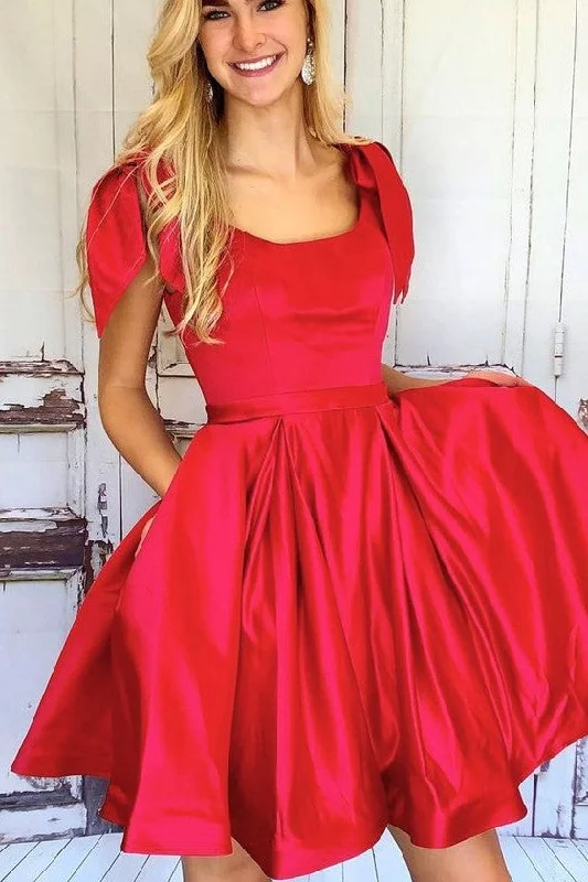 Square Neck Red Homecoming Dresses with Big Bows