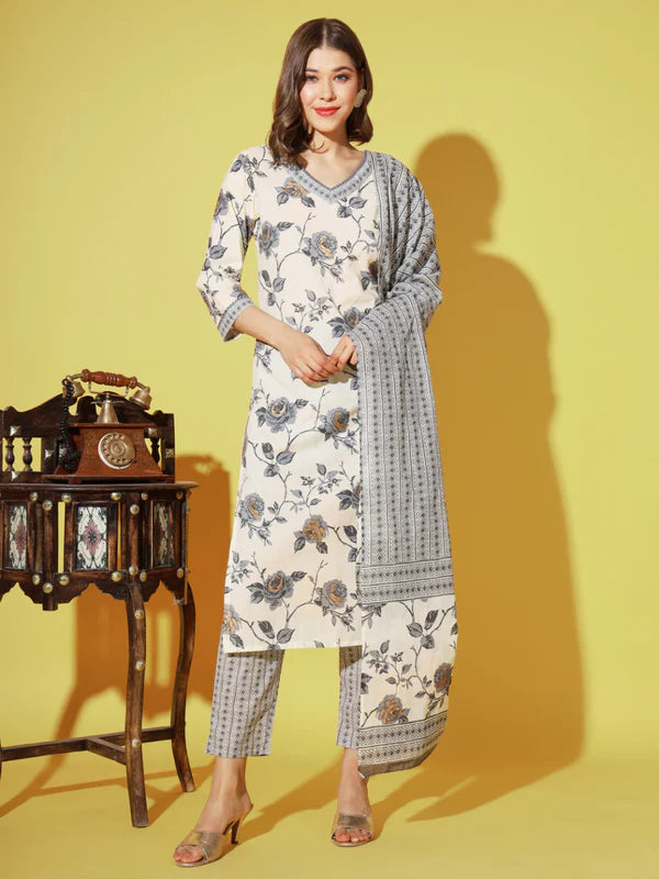 [ Ready SG Stock ] Grey with Golden hue Floral Printed Straight cut 3 Pcs Cotton Punjabi Suit with Dupatta [ Indian Dresses ]