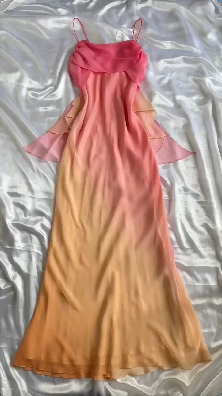 Pretty Spaghetti Straps Ombre Orange Chiffon Prom Dress Party Gown cc2071