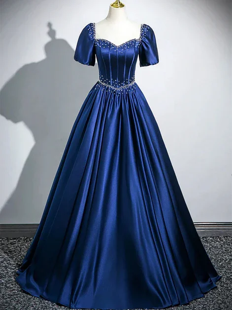 Charming Navy Blue Satin Sweetheart Pearls Beaded  Party Prom Dress, A Line Ball Gown cc2191