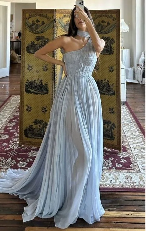 Charming Light Blue One Shoulder Pleated Long Party Prom Dress  cc2107