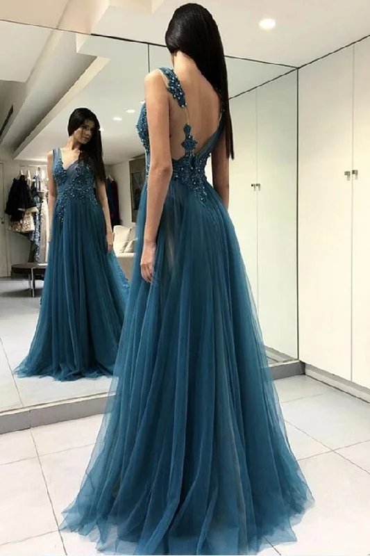 V-neck Beaded Appliques A-line Prom Long Dress with Tulle Skirt