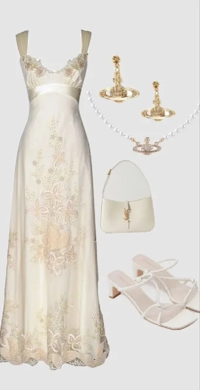 Elegant Ivory Straps Embroidery Sheath Satin Long Prom Dress, DP4303