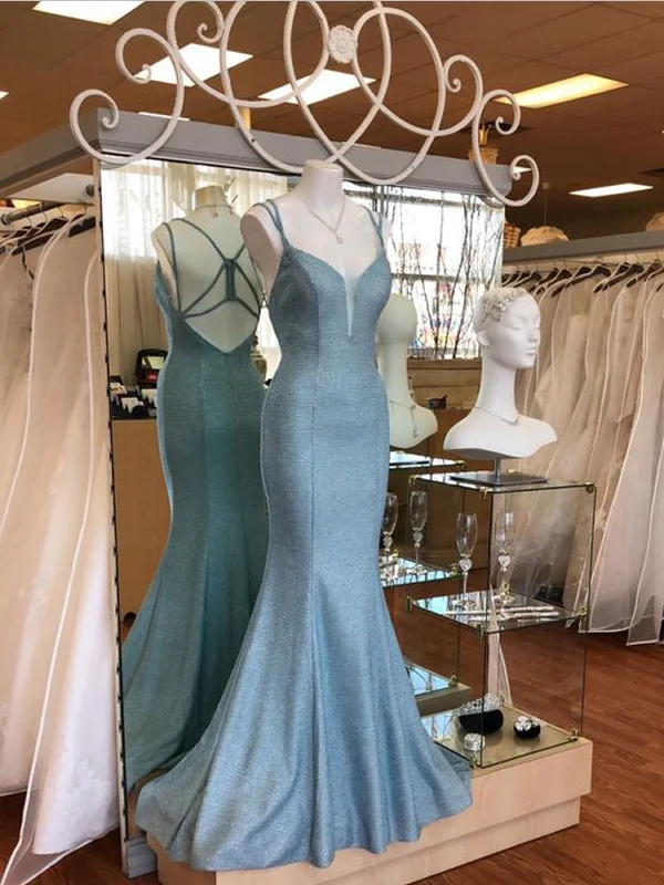 Simple Spaghetti Straps Open Back Sweep Trailing Long Mermaid Prom Dresses, MD395