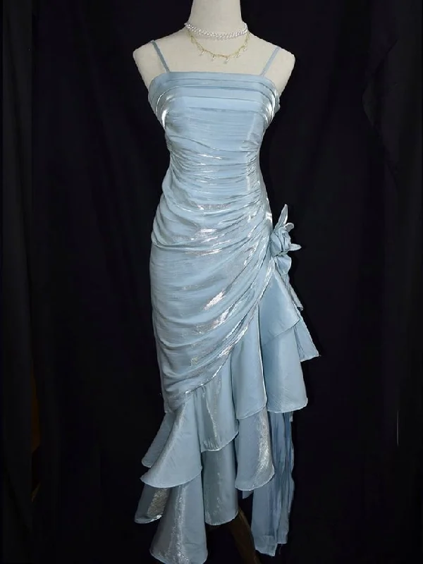 Charming Baby Blue Vintage Floral Dress Asymmetrical Hem Prom Dress Party Gown cc1454