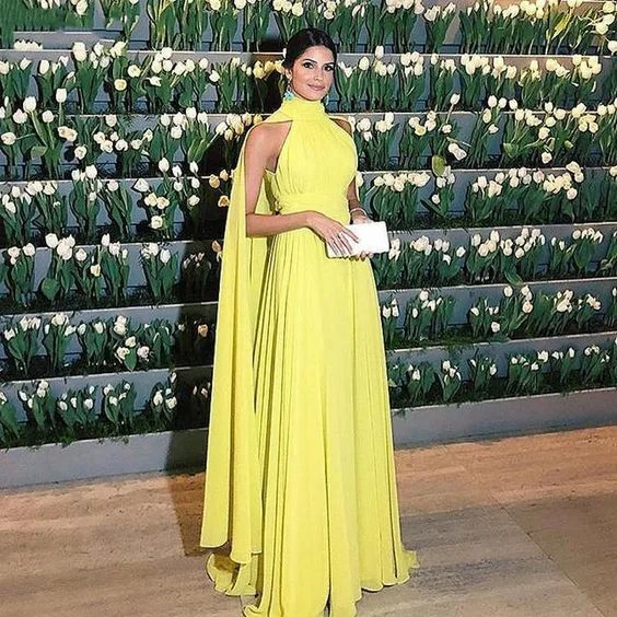 Formal Long Prom Dresses Women Elegant Sleeveless Chiffon High Neck Cape Yellow Evening Party Gowns S2160 Formal Long Prom Dresses Women Elegant Sleeveless Chiffon High Neck Cape Yellow Evening Party Gowns S2160
