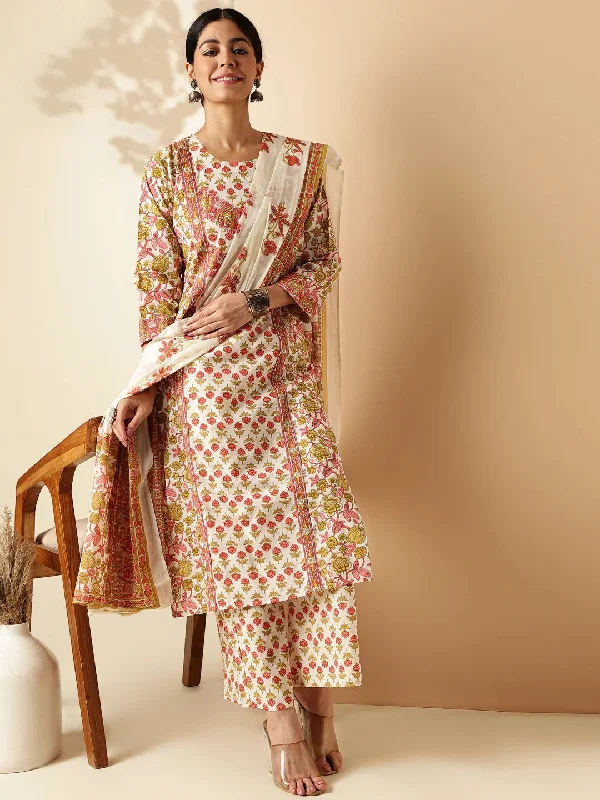 [ Ready SG Stock ] Red Floral Straight Cut Cotton Punjabi Suit with Dupatta [ Indian Dresses ]
