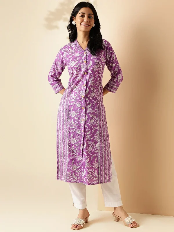 [Ready SG Stock] Lavender Floral Print Straight Cut Cotton Kurta / Only Top [Indian Dresses]