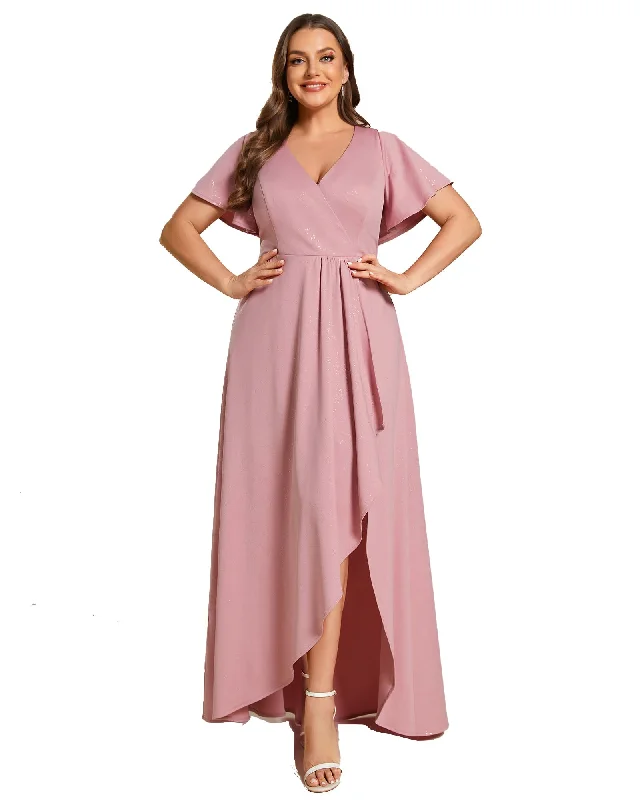 Glitter High-Low Front Side Slit Ruffled V-Neck Evening Dress | Dusty Rose