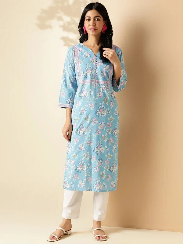 [Ready SG Stock] Sea Blue Floral Print Straight Cut Cotton Kurta / Only Top [Indian Dresses]
