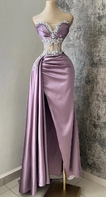 Light Purple Sweetheart Beads Satin Sheath Long Prom Dress Evening Gown, DP4111