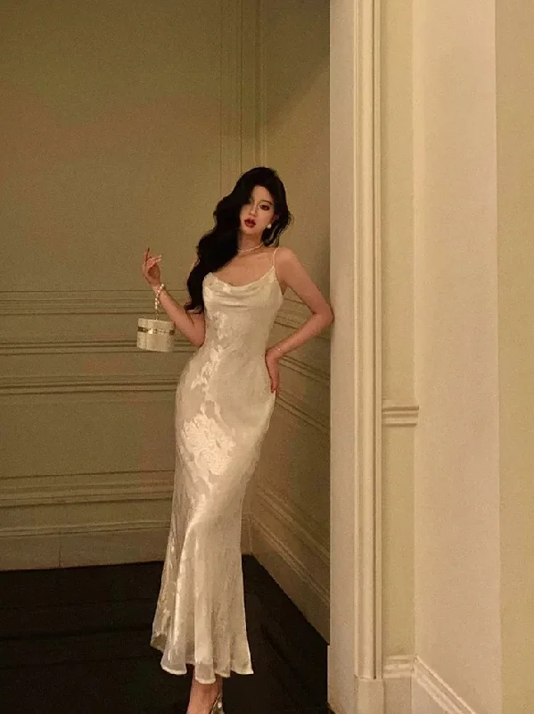 Elegant Mermaid Floral Ivory Satin Prom Dress Spaghetti Straps Party Gown Birthday Outfit cc1504