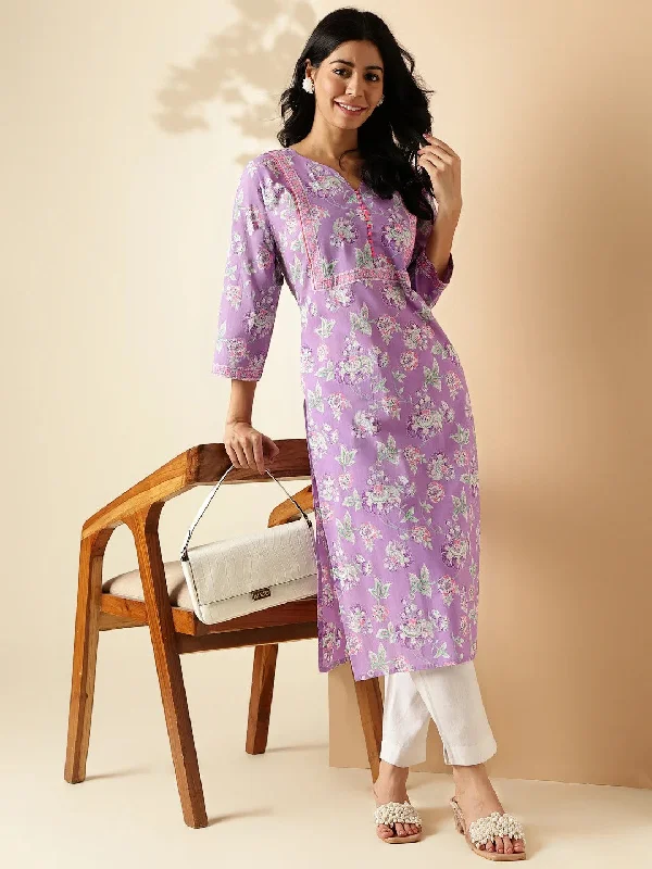 [Ready SG Stock] Lavender Floral Print Straight Cut Cotton Kurta / Only Top [Indian Dresses]