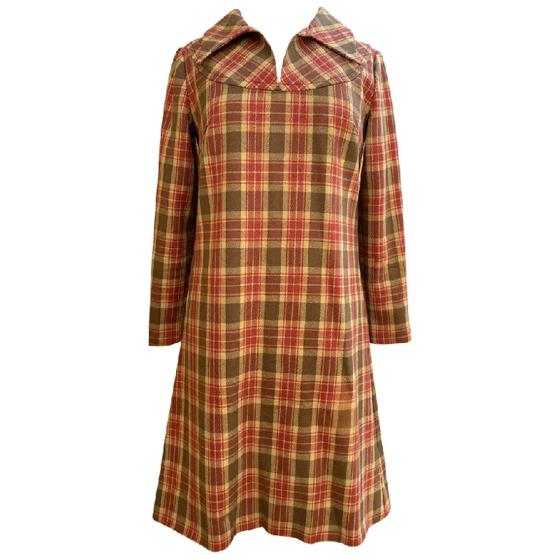 Brown, mustard and red tartan check 1960s day dress