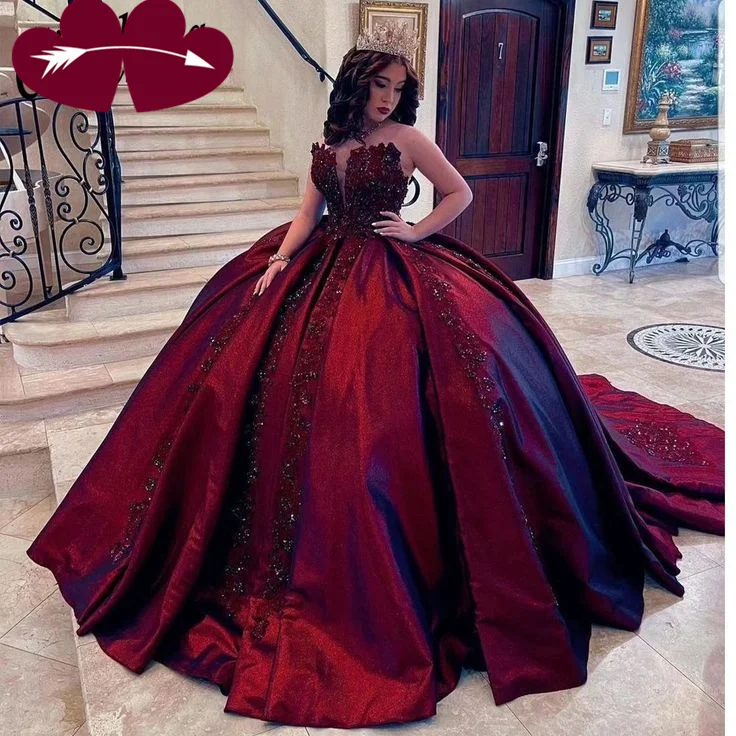Gorgeous Burgundy Satin Appliques Beaded Quinceanera Dress Vintage Ball Gown cc1697