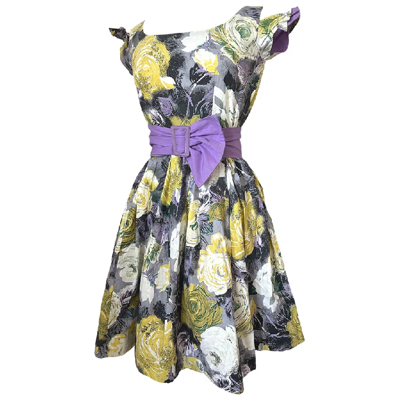 Lavender, yellow and grey cotton rose print vintage 1950s split sleeve day dress