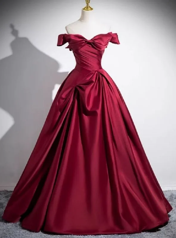 Burgundy Off The Satin Pleated Ball Gown A Line Prom Dress cc1723