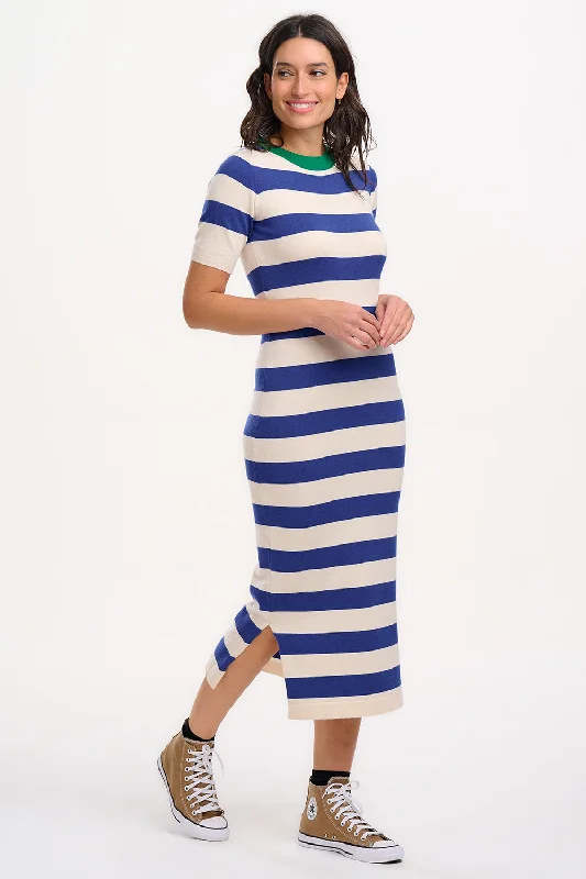 Sybil Midi Knit Dress - Blue/White, Contrast Neck