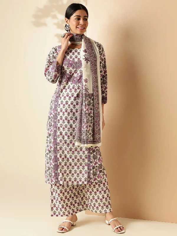 [ Ready SG Stock ] Purple Floral Straight Cut Cotton Punjabi Suit with Dupatta [ Indian Dresses ]