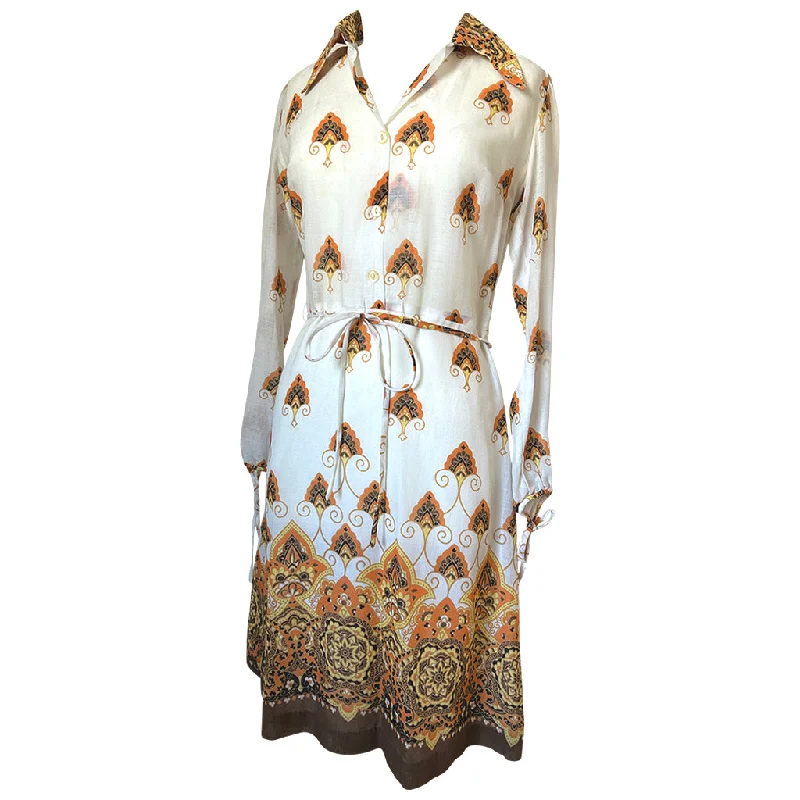 Gauzy psychedelic vintage late 1960s belted cream, orange and brown day dress