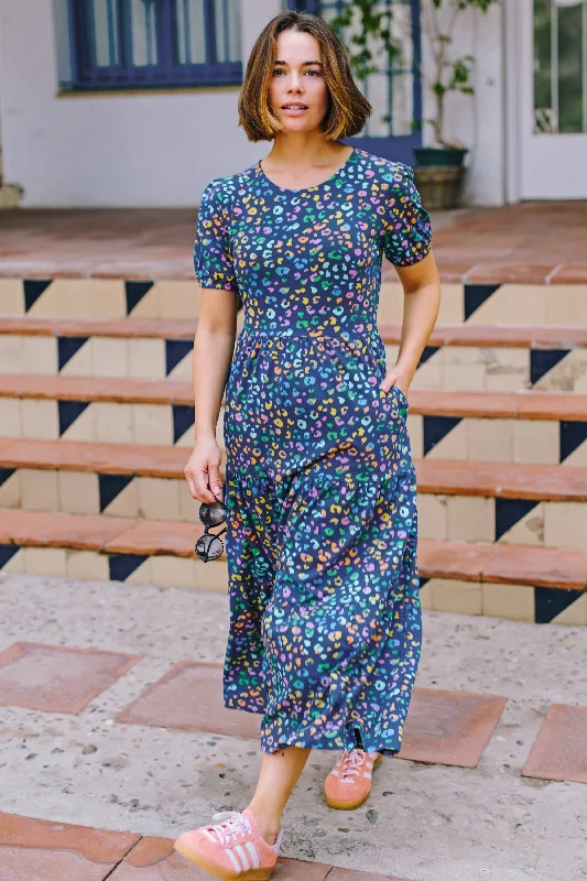 Minerva Midi Jersey Tiered Dress - Bright Navy, Mottled Leopard