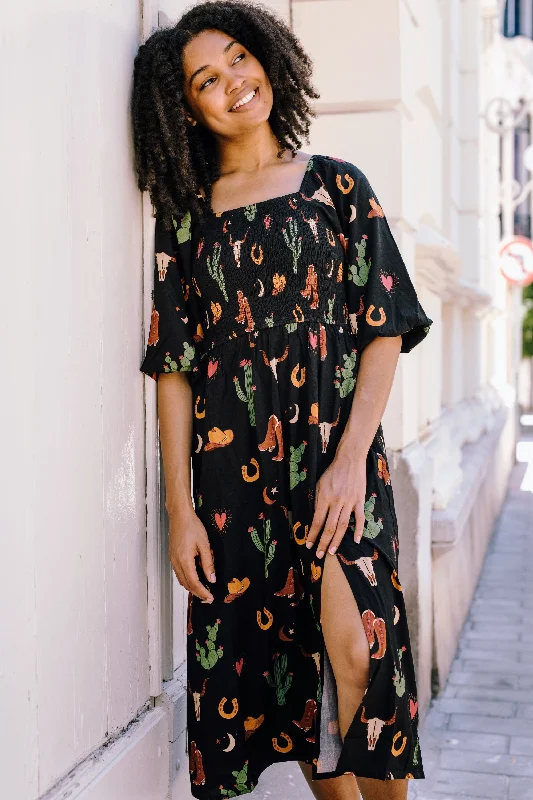 Zinnia Midi Shirred Dress - Black, Cowgirl Print